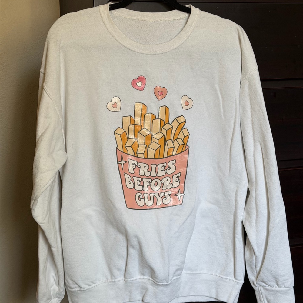 White 'Fries Before Guys' Graphic Sweatshirt